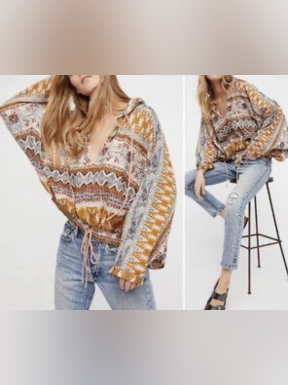 Free People Hold On Tight Pullover Lightweight Hooded Top Floral Paisley XS, S
